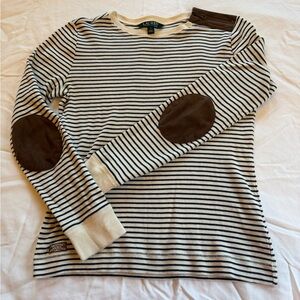 Ralph Lauren Women's Cream and Navy Striped Top Suede Elbow Patches Size S
